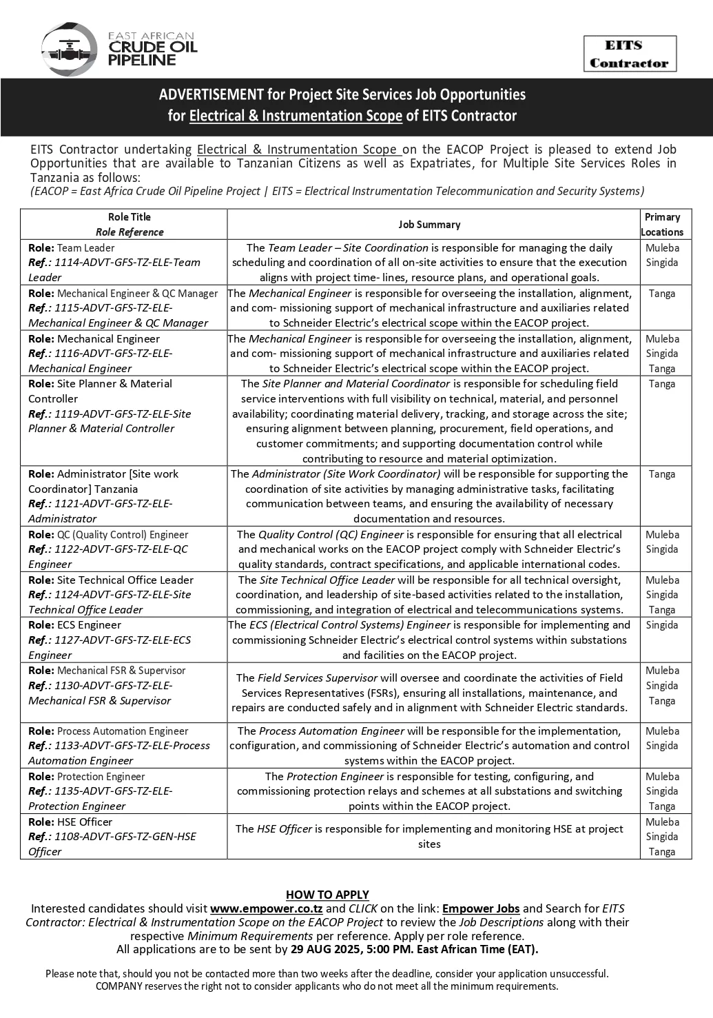 Advertisement for Project Site Services Job Opportunities